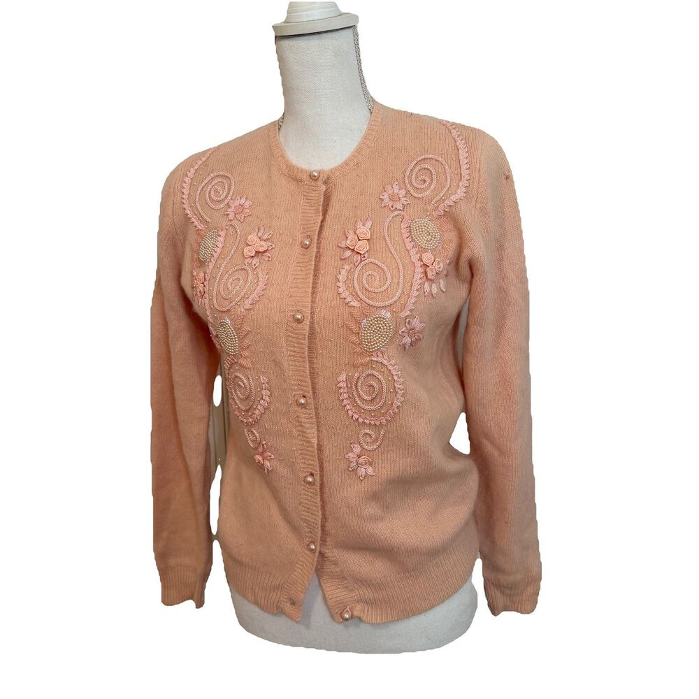 Vintage Petite Sophisticate Cardigan Sweater Pearl Button Lambswool Angora Small